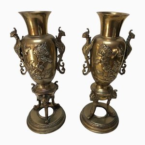 Antique Chinese Vases in Bronze with Floral Decor and Chimere, Set of 2