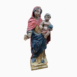 Antike Jungfrau und Kind Figur aus geschnitztem Holz