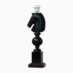 Italian Hand Carved Black Horse Head Alabaster Table Lamp, 1970s