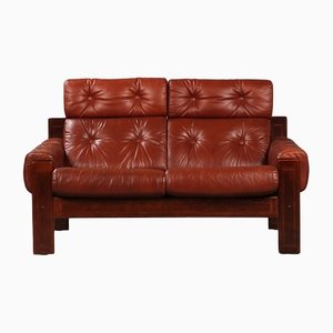 Scandinavian 2 Seater Brown Leather Sofa with Wooden Frame