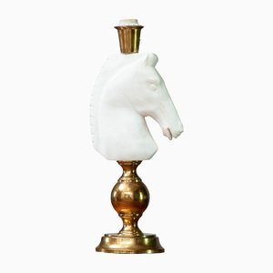 Italian White Hand Cut Horse Head Alabaster Table Lamp, 1970s