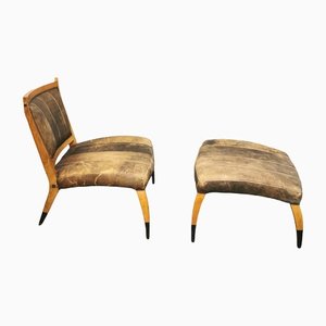 Armchair & Footrest in Curved Wood & Leather, 1960s, Set of 2