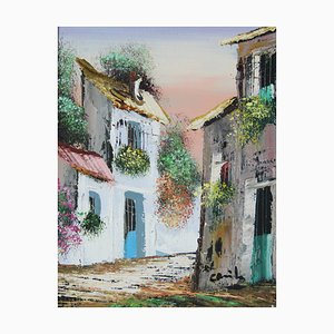 Artiste Espagnol, Rue dans un Village Typique Espagnol, 20ème Siècle, Huile sur Toile, Encadrée