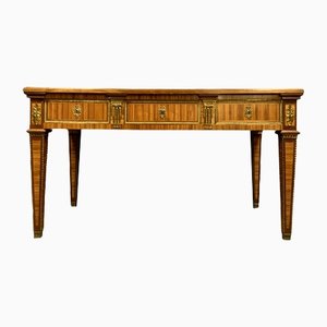 Parisian Flat Desk with Louis XVI Pull Tabs in Precious Wood Marquetry, 1850s