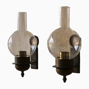 Vintage Swedish Brass and Glass Wall Lamps, Set of 2