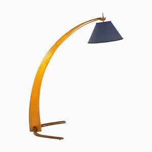 Mid-Century Rispal Style Curved Wood & Brass Floor Lamp by Valzania