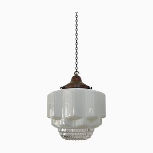 Vintage Industrial Diffused Opaline Holophane Milk Glass Pendant Lamp