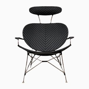 Black Lounge Chair in Rattan and Steel from Yamakawa, 1980s