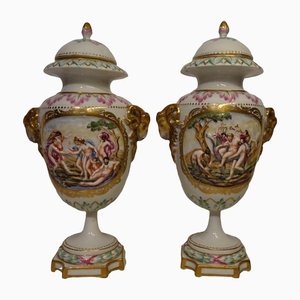 Antique 19th Century Lidded Porcelain Urn Vases from Capodimonte, Italy, Set of 2
