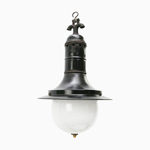 Lampe à Suspension Industrielle Vintage en Émail et Verre Opalin