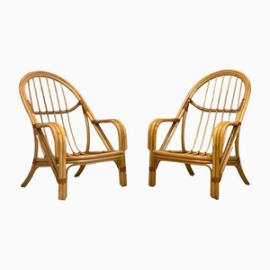Set of Bamboo & Leather Armchairs, 1980s