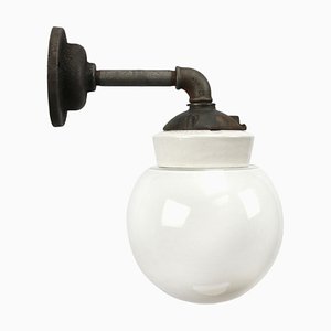 Vintage Industrial White Porcelain and Opaline Glass Sconce