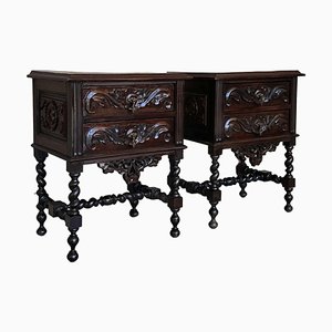 French Carved Chestnut Bedside Nightstands with Two Drawer, Set of 2