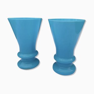 Blaue Opalglas Vasen, 2er Set