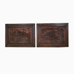 Bas-Reliefs Scenes in a Wooden Frame Signed by M. Arendt, 1940s, Set of 2