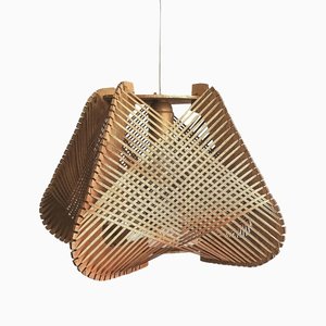 Modern French Golden Wood Straw Wooden Hanging Lamp, 1960s