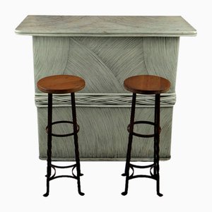 Bar in Rattan with Forged Stools, Set of 3