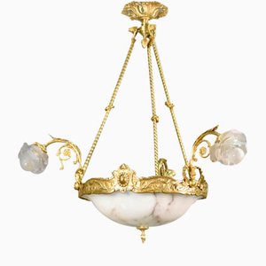 Antique Napoleon III French Alabaster Chandelier in Bronze and Marble