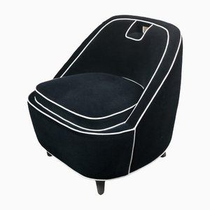 Fauteuil Rétro Vintage en Velours Noir avec Bordure Blanche, 1980s