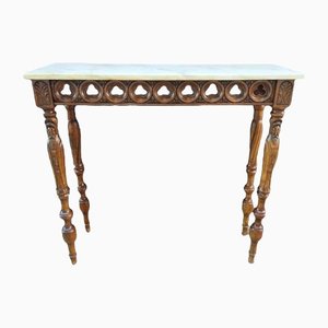 Wooden Console with Religious Carvings and Marble Cover