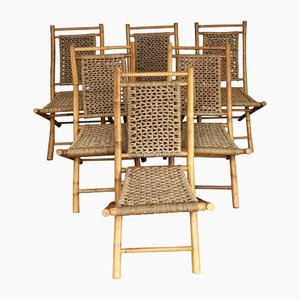 Mid-Century Italian Wood and Cord Woven Rope Folding Chairs, 1960s, Set of 6