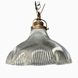 Medium Holophane Hanging Lamp with Brass Fixture