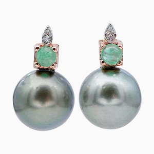 Grey Pearls & Emeralds with Diamonds, 14 Karat Rose and White Gold Earrings, Set of 2