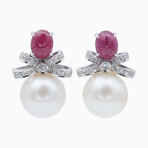 South Sea Pearls & Rubies with Diamonds & Platinum Earrings, Set of 2