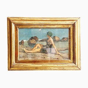 Italian Artist, Bather by the Sea, 1900s, Oil Painting, Framed