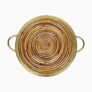 Round Bamboo, Rattan & Brass Serving Tray, Italy, 1970s
