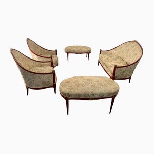Art Deco Armchairs, Poufs & Sofa in Jacuard Fabric, Set of 5