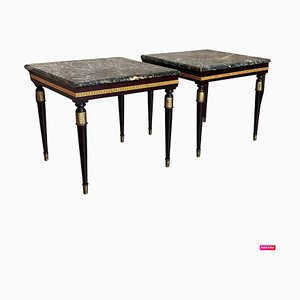 French Coffee Table in Mahogany with Bronze Mounts and Marble Top, Set of 2