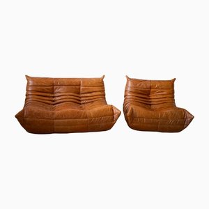 Dubai Pine Leather Togo Sofa & Lounge Chair by Michel Ducaroy for Ligne Roset, 1970s, Set of 2