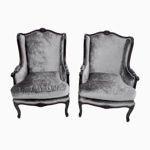 Antique French Silver Grey Armchairs, 1920s, Set of 2