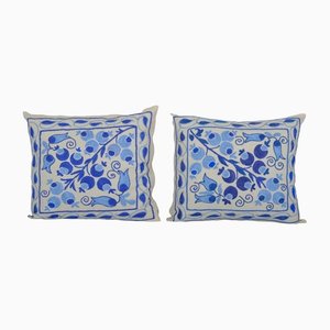 Vintage Blue Ethnic Suzani Lumbar Cushion Cover, Set of 2