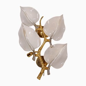 Italian Bronze Glass Wall Lamps with Leaves and Branches, Set of 2