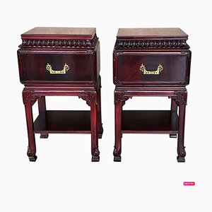 Chinese Chippendale Carved Mahogany Box Side Tables, Set of 2