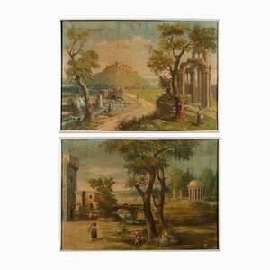 G. Boni, Landscapes with Figures, Oil on Canvas Paintings, Framed, Set of 2