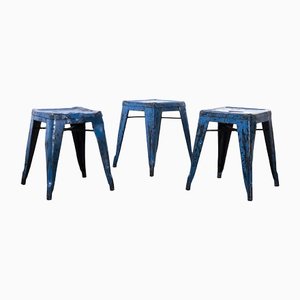 French Metal Model H Café Dining Stools Bright Blue from Tolix, 1950s, Set of 3