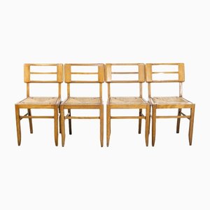 French Rush Seated Dining Chairs by Pierre Crueges, 1950s, Set of 4