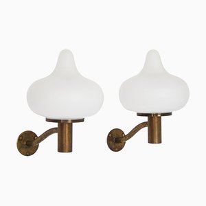 Opal Glass & Brass Wall Lamps by Hammer & Moldenhawerfor Louis Poulsen, Denmark, 1950, Set of 2