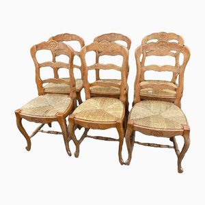 Vintage French Rush Seated Dining Chairs, 1920, Set of 6