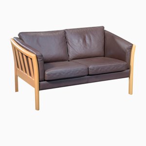 Danish 2 Seater Brown Leather Sofa with Wooden Frame