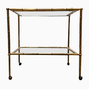 Mid-Century Hollywood Regency Style Brass Fake Bamboo Tray Serving Cart or Side Table, 1960s