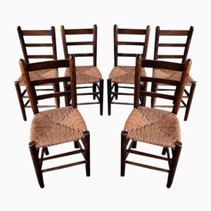 Vintage Spanish Chairs in Solid Oak Wood with Rush Seat, Set of 6
