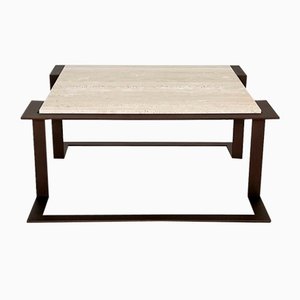 Mid-Century Italian Coffee Table in Travertin and Marble with Varnished Metal Base, 1970