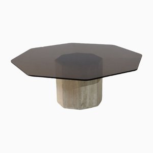 Geometric Coffee Table in Travertine and Smoked Glass