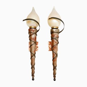 Art Deco Steel with Copper and Glass Sconces, Set of 2