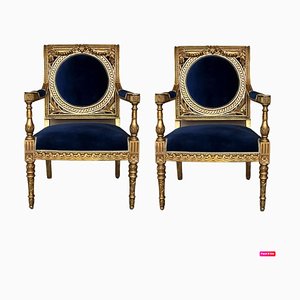 Louis XVI Armlehnstühle aus vergoldetem Holz mit blauem Klein Samt, 2er Set