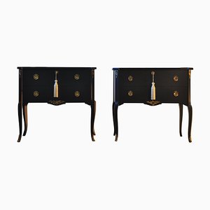 Tables de Chevet Style Gustavien Noires avec Détails en Laiton, Set de 2